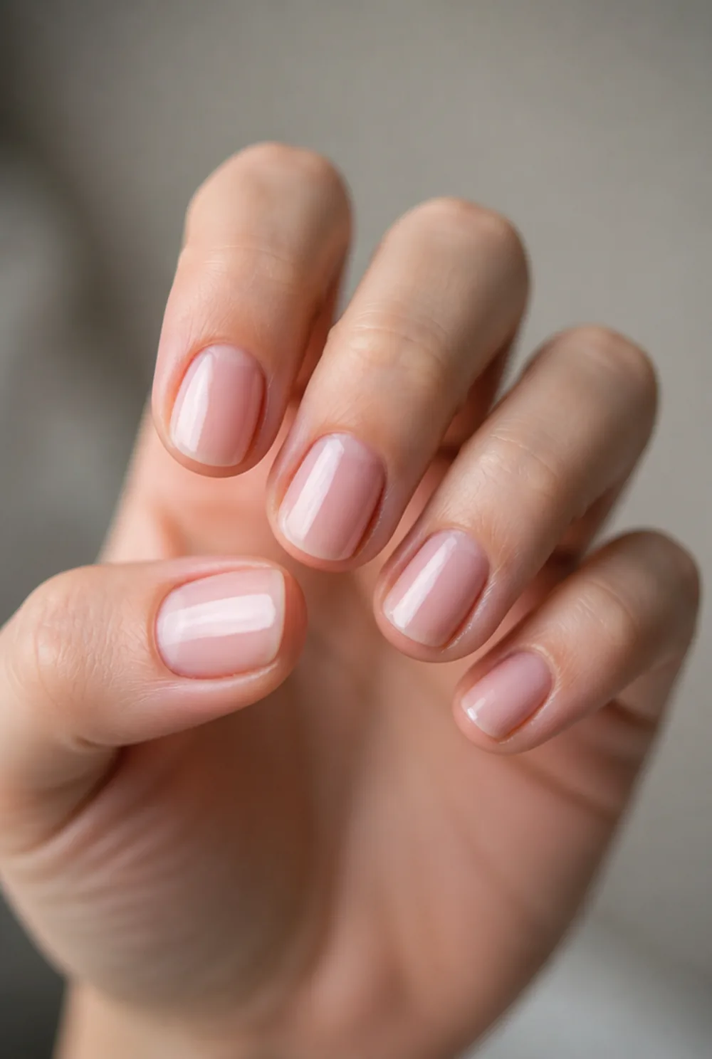 ballet slipper sheer nail art on fair skin, short length