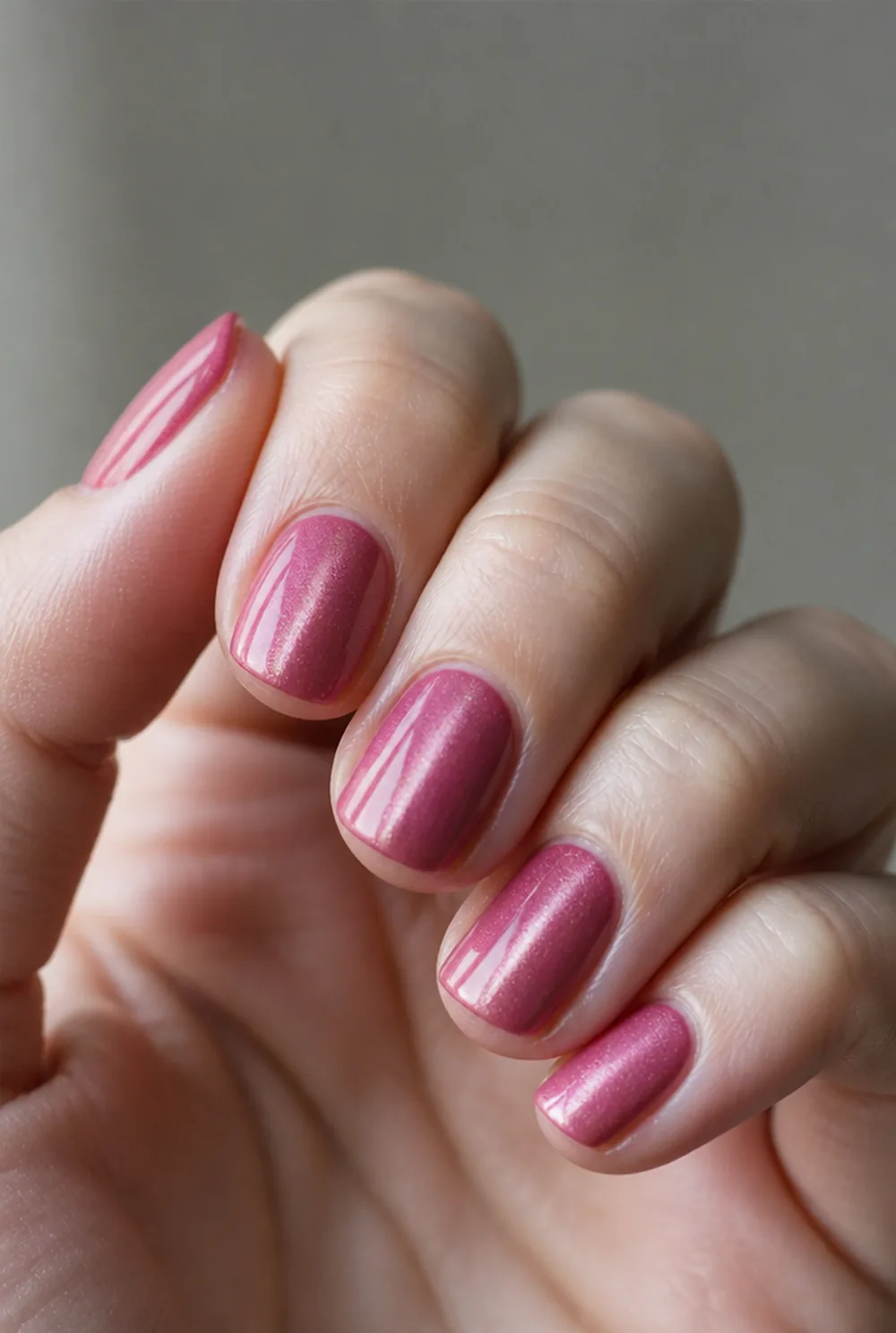 pink cat eye nail art on fair skin, short length