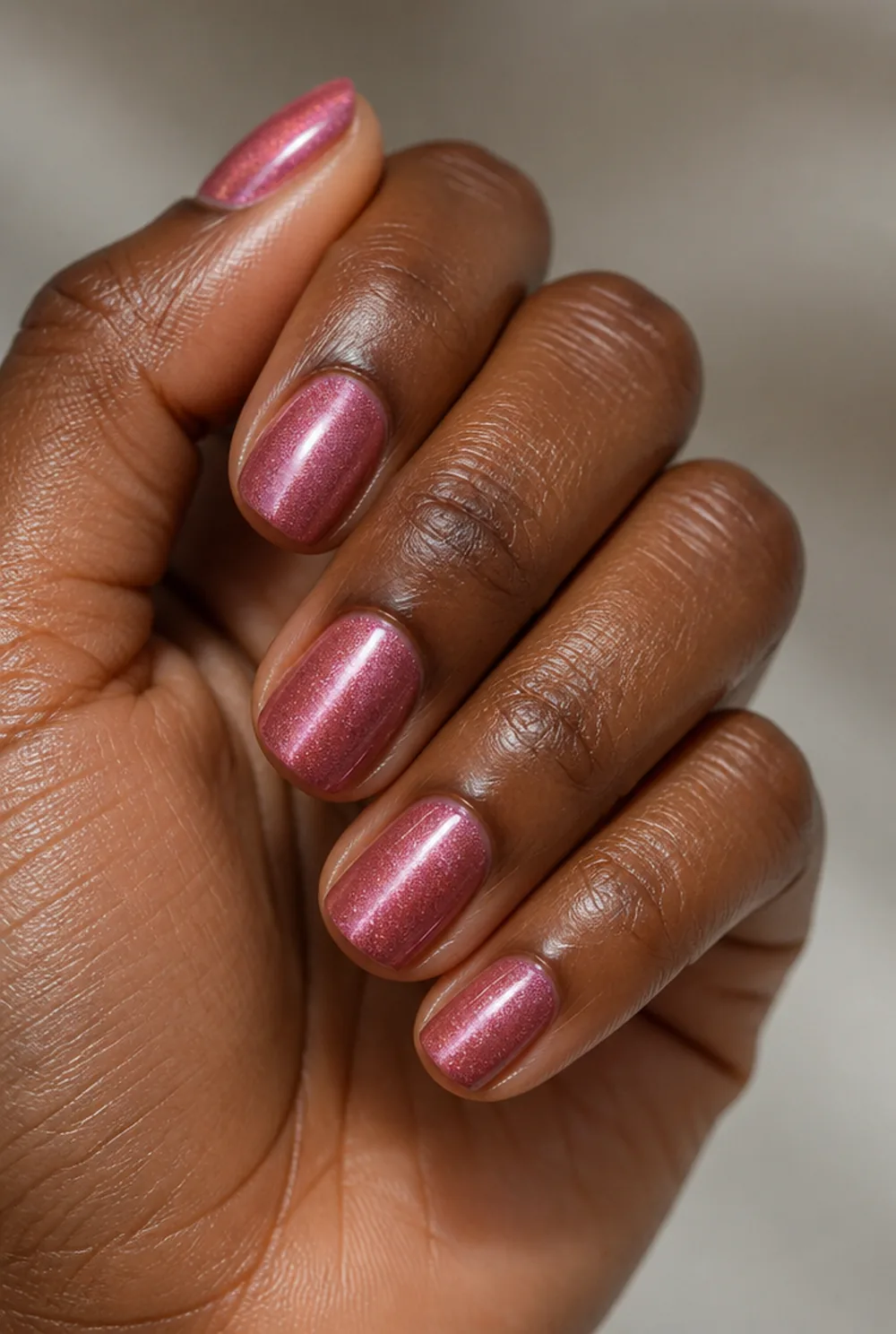 pink cat eye nail art on deep brown skin
