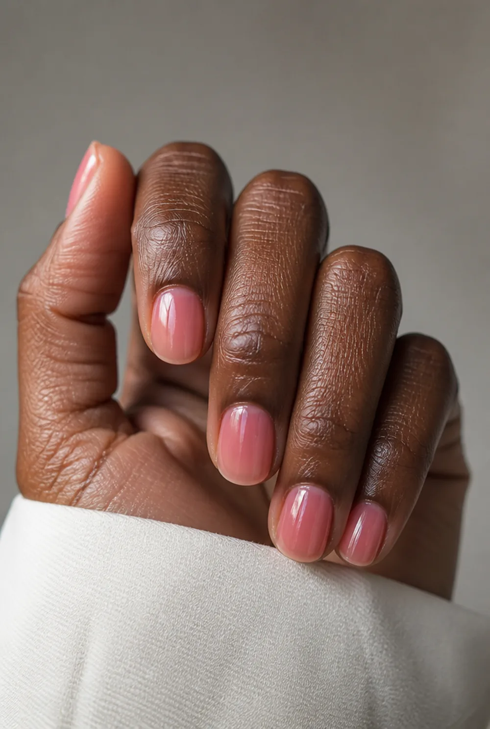 pink jelly nail art on deep brown skin