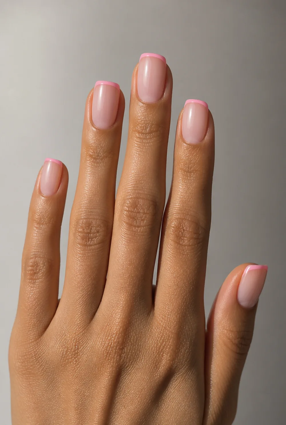 pink micro french nail art on olive skin, long length