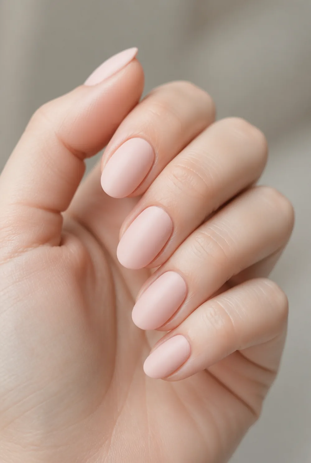 milky pink nail art on fair skin, short length