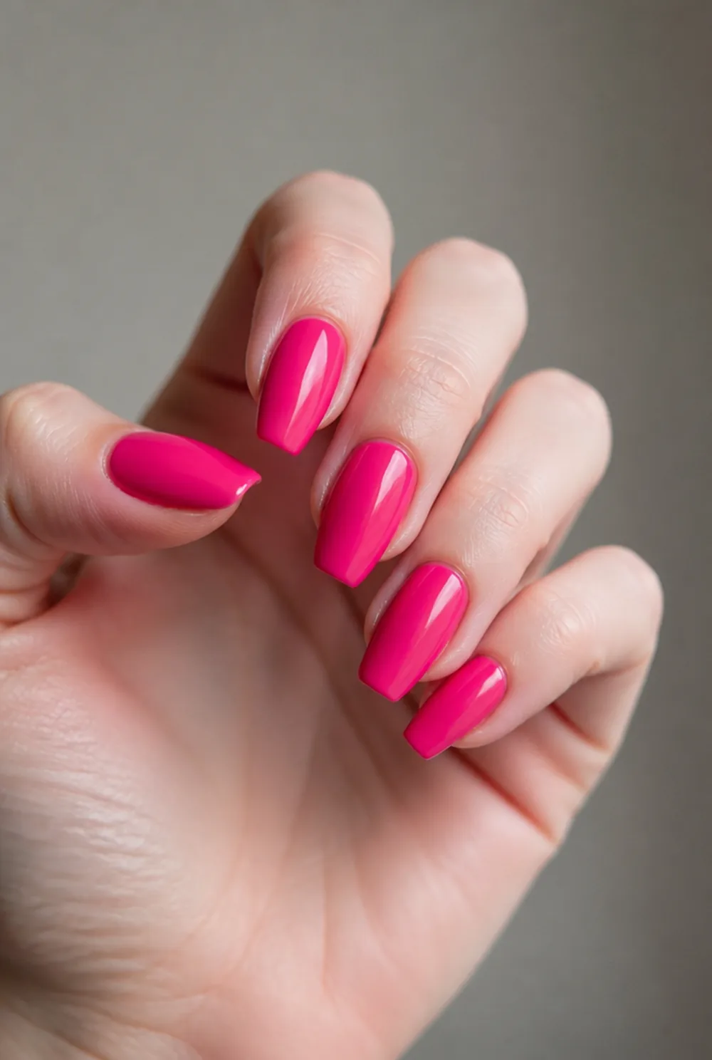 long pink coffin nail art on fair skin, short length