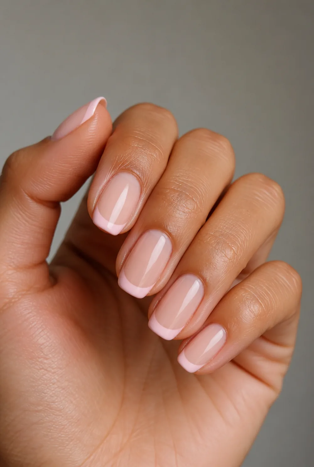 pink french tip nail art on olive skin, long length
