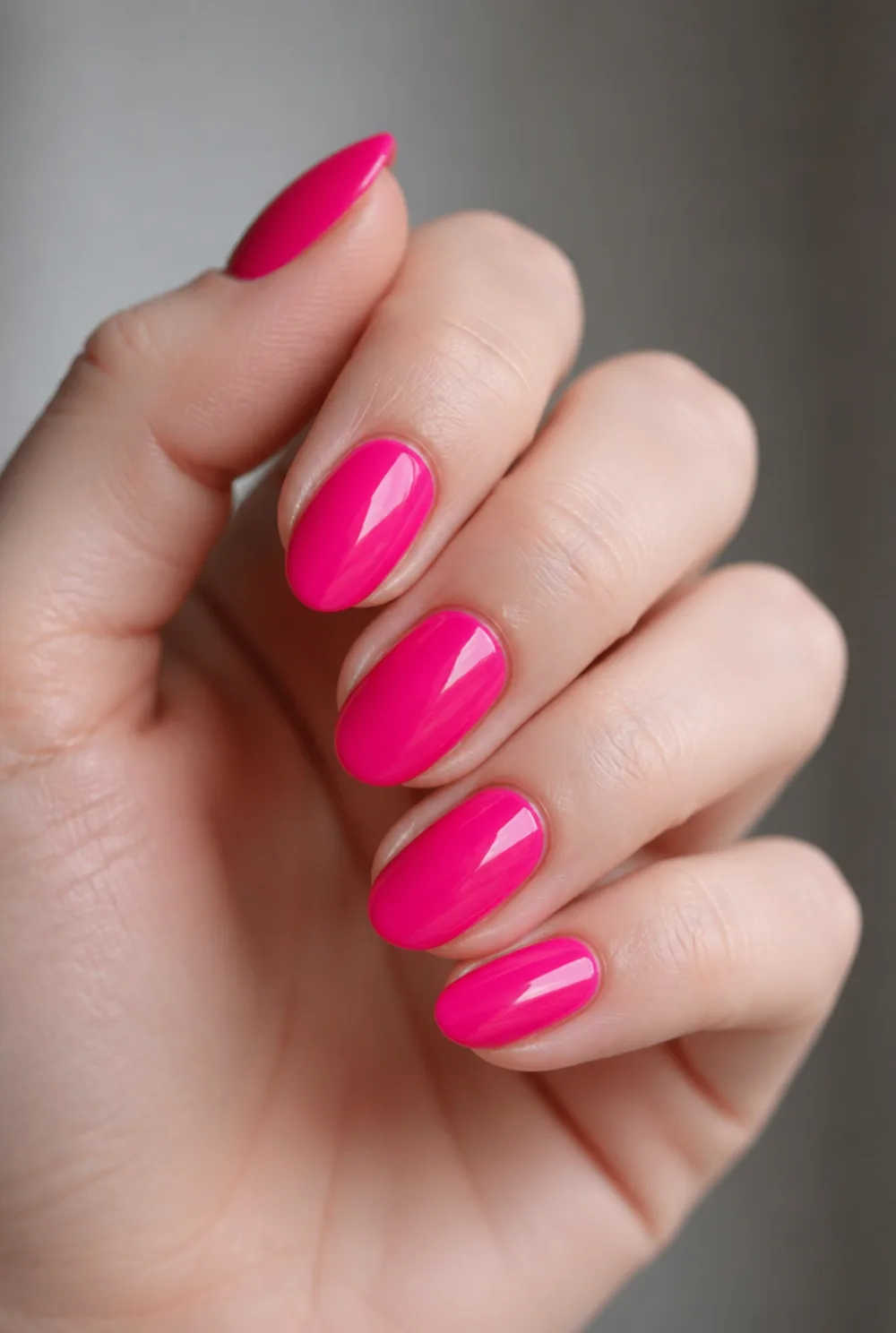 hot pink gloss nail art on fair skin, short length