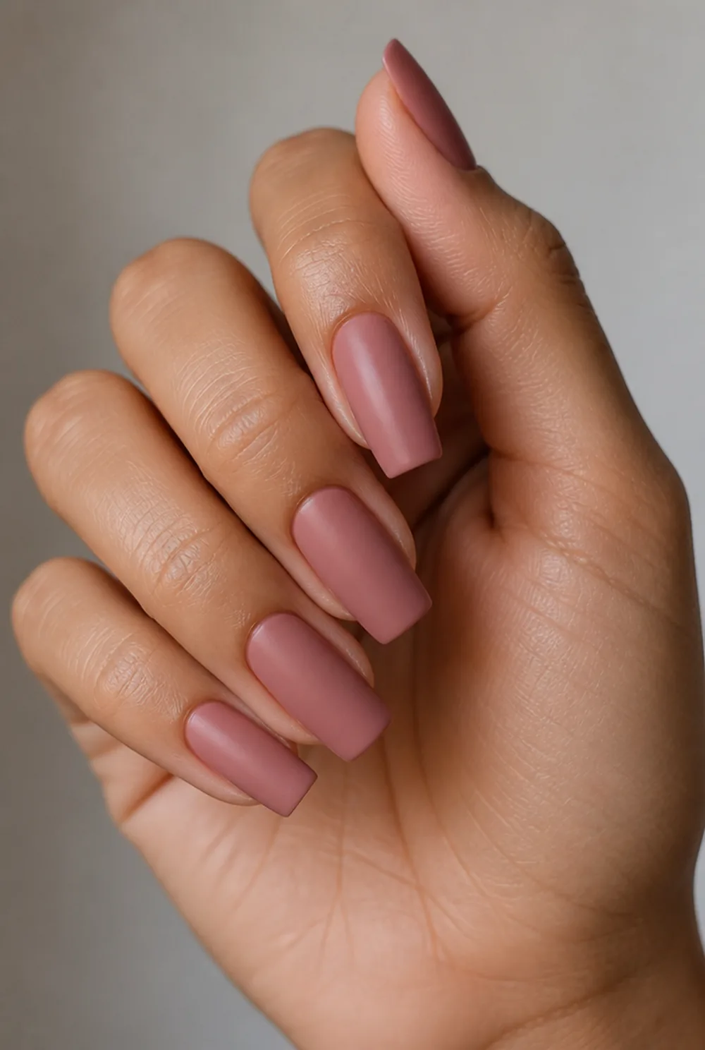 dusty rose nail art on olive skin, long length