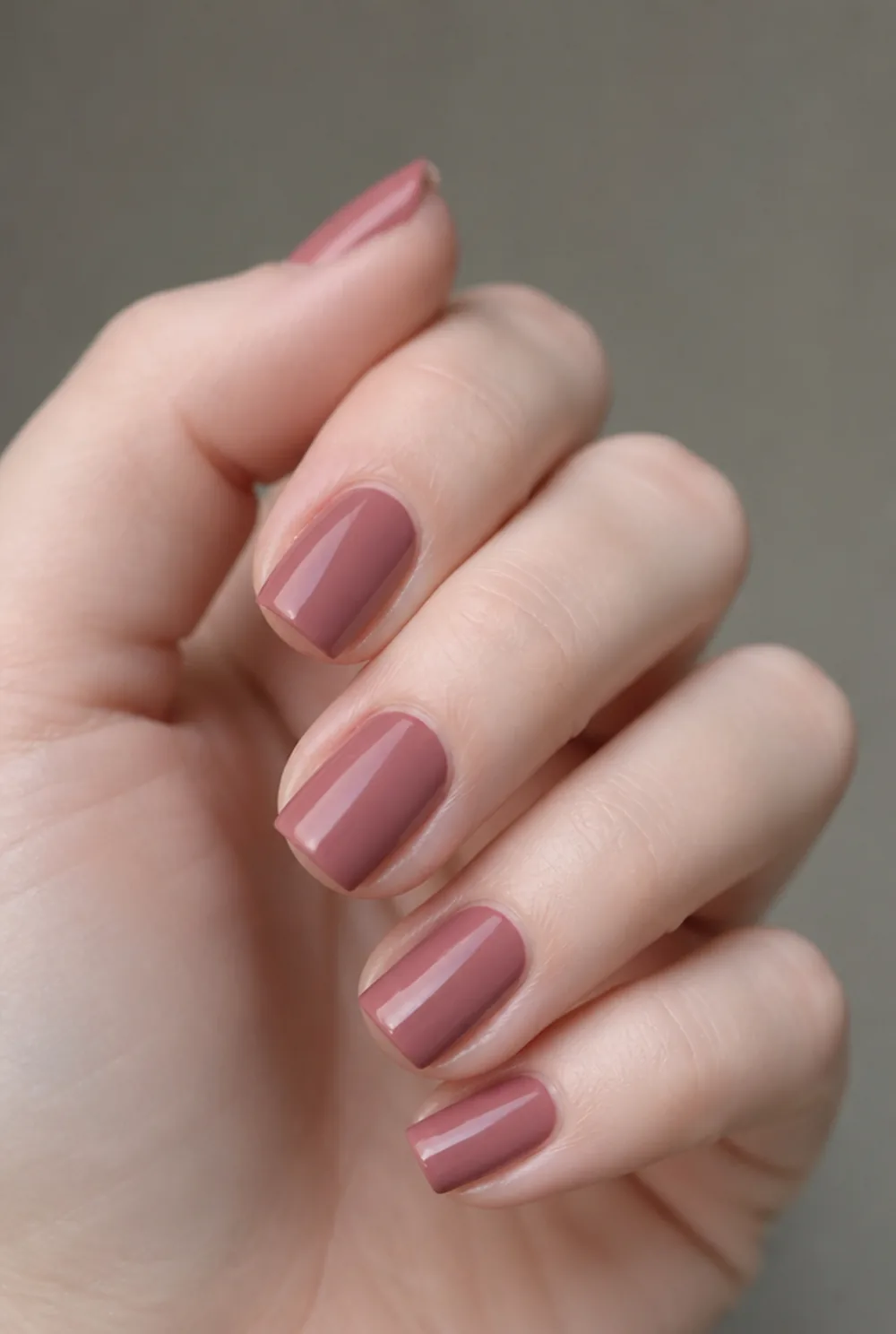 dusty rose nail art on fair skin, short length