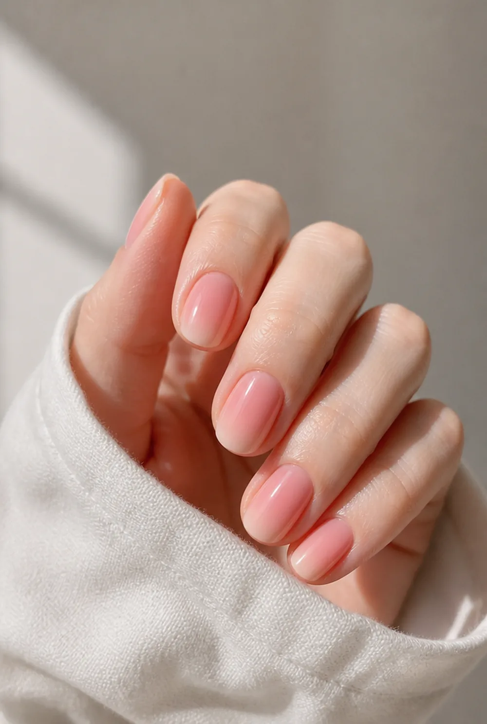 pink aura nail art on fair skin, short length