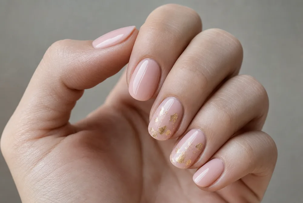 pink nails with gold foil accent detail