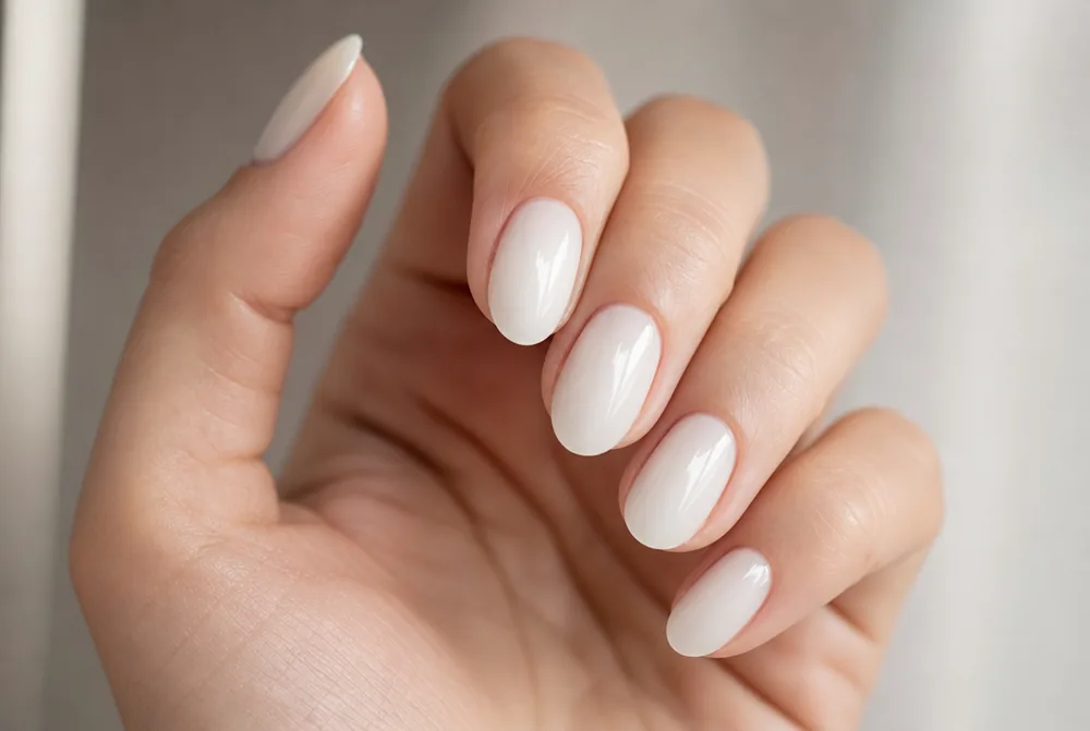 plain milky white nails on short almond shape