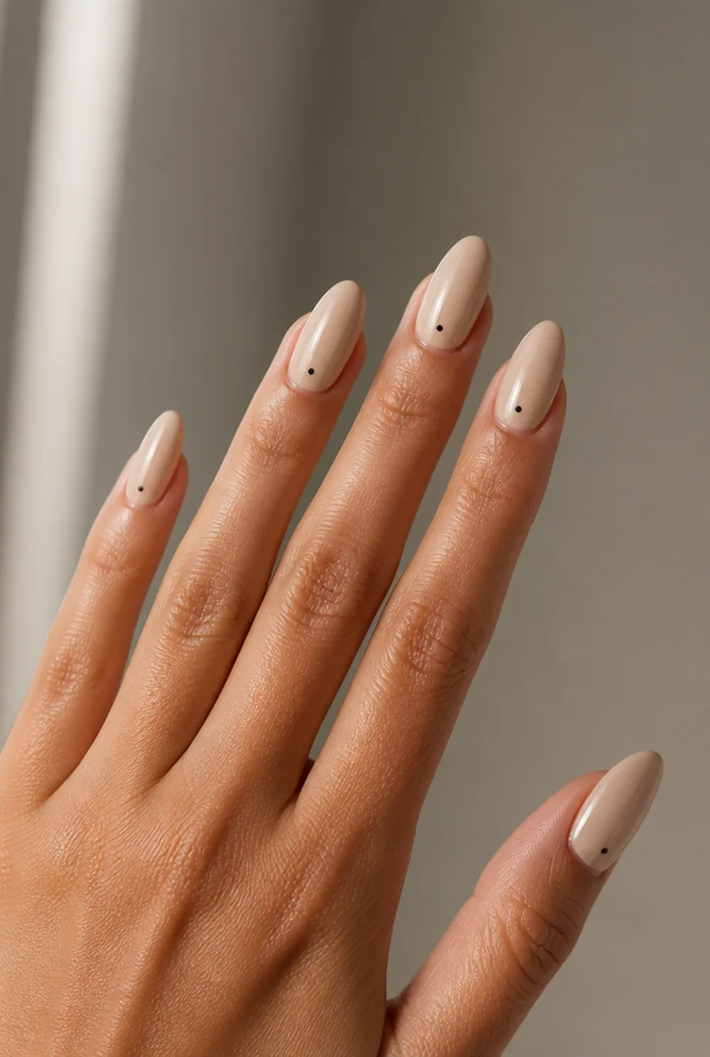 single dot at the cuticle nail art on olive skin, long length