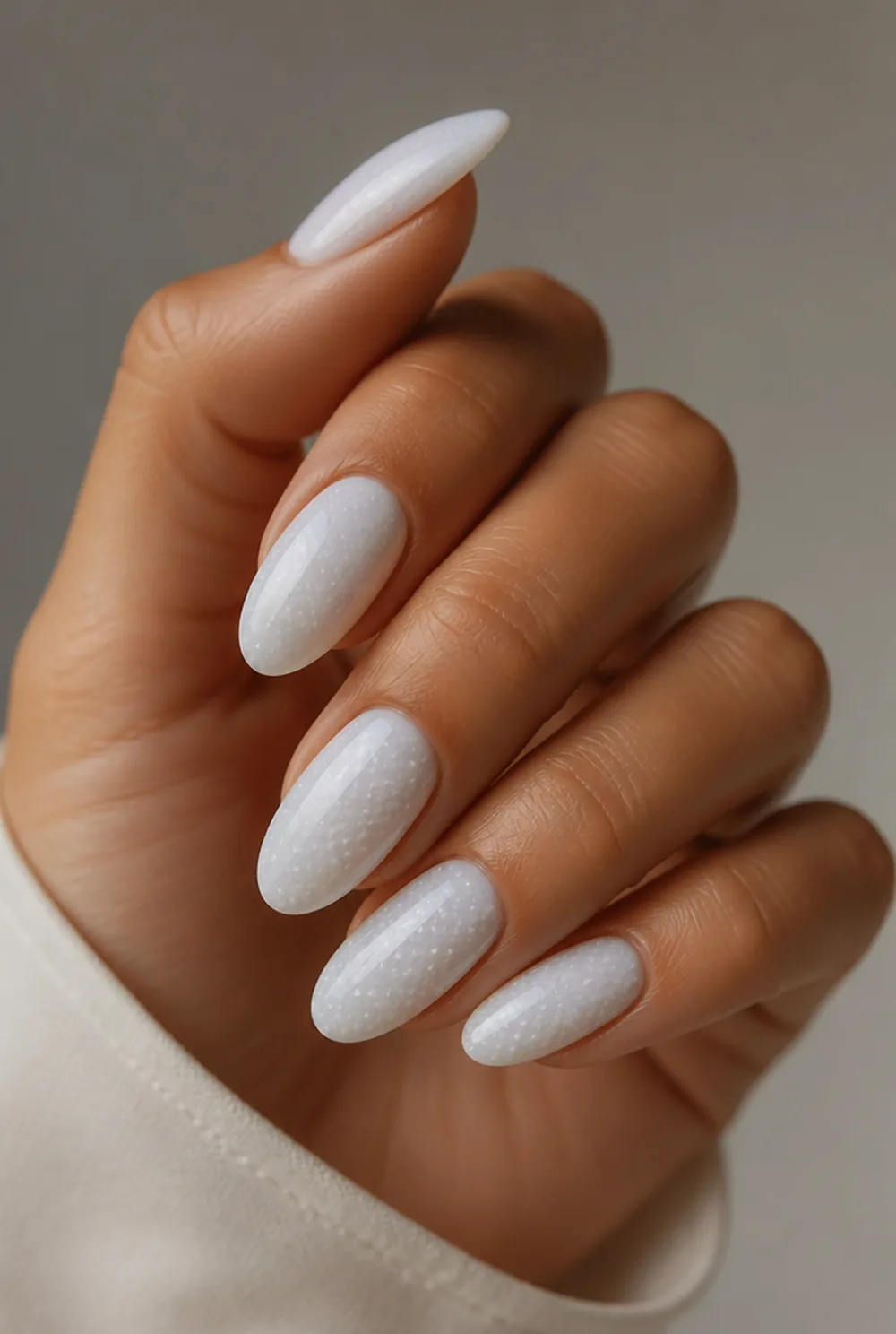 milky base, white dots nail art on olive skin, long length
