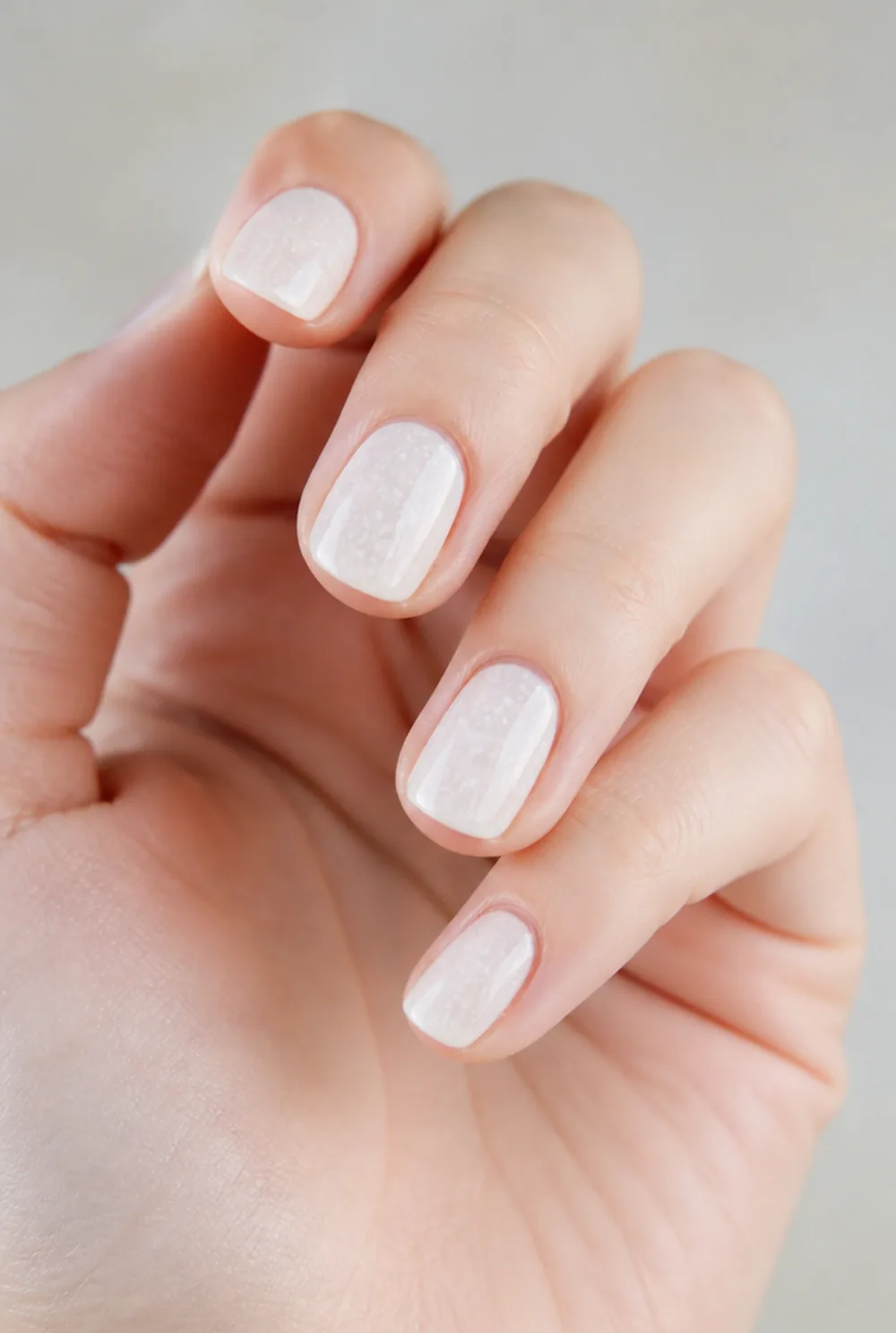 milky base, white dots nail art on fair skin, short length