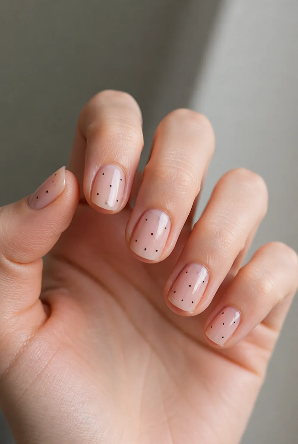 scattered micro dots nail art on fair skin, short length