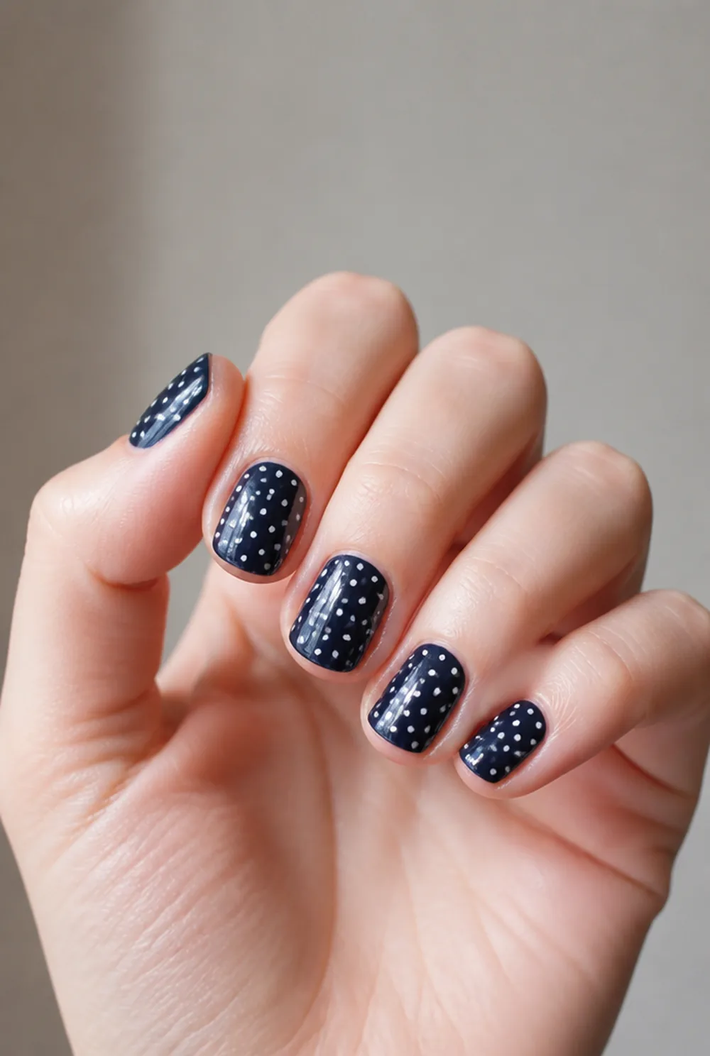 navy with white dots nail art on fair skin, short length