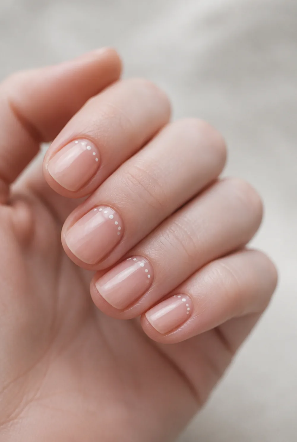 dotted half moon nail art on fair skin, short length