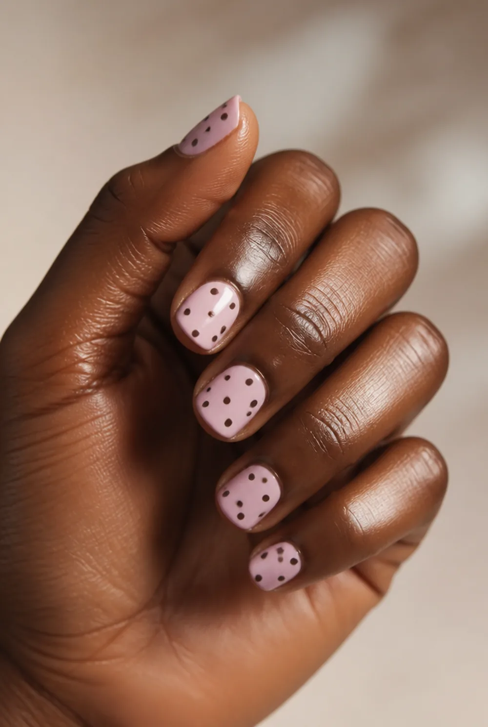 pink and brown dots nail art on deep brown skin