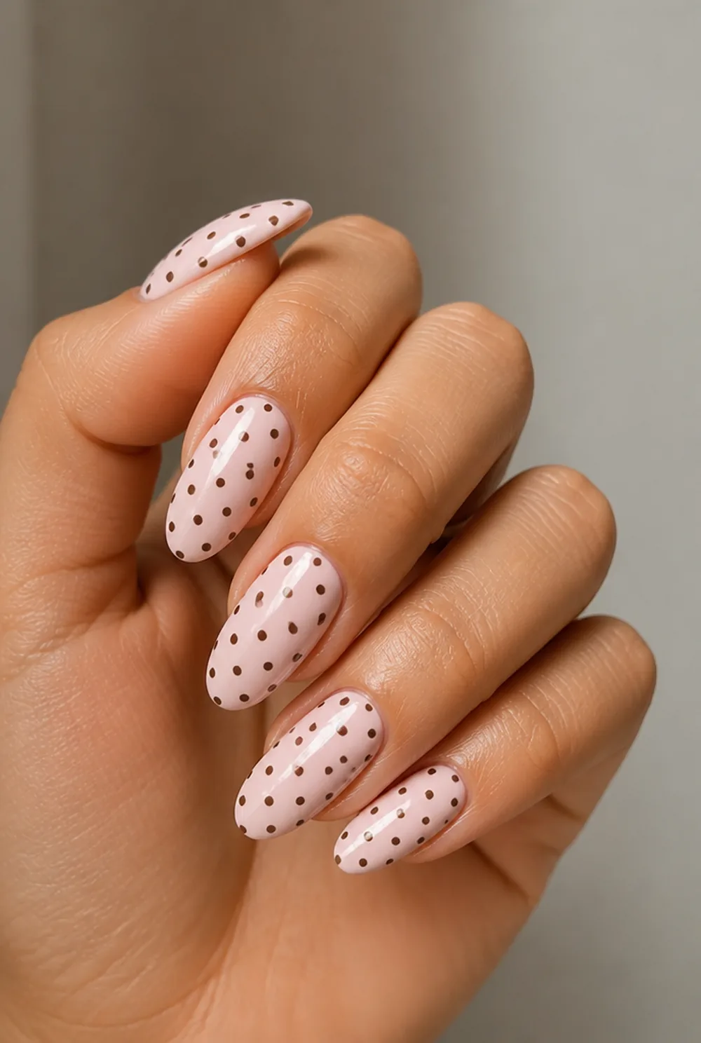 pink and brown dots nail art on olive skin, long length