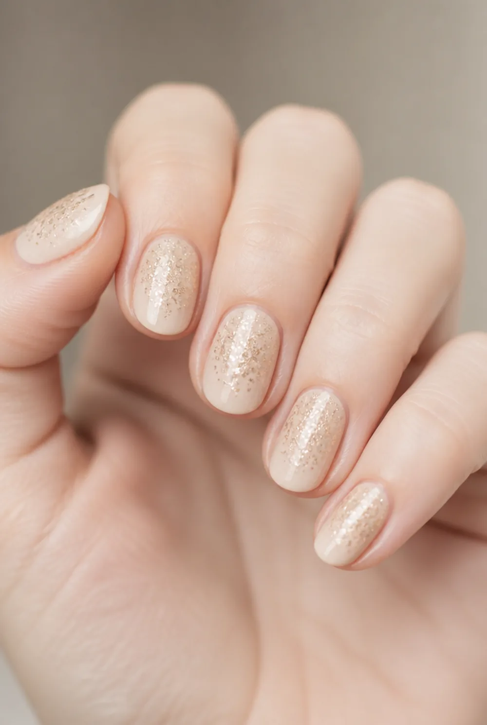 glitter dots nail art on fair skin, short length