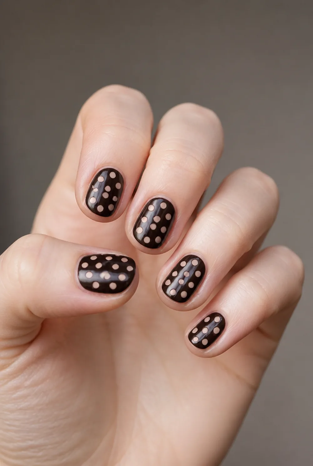 negative space dots nail art on fair skin, short length