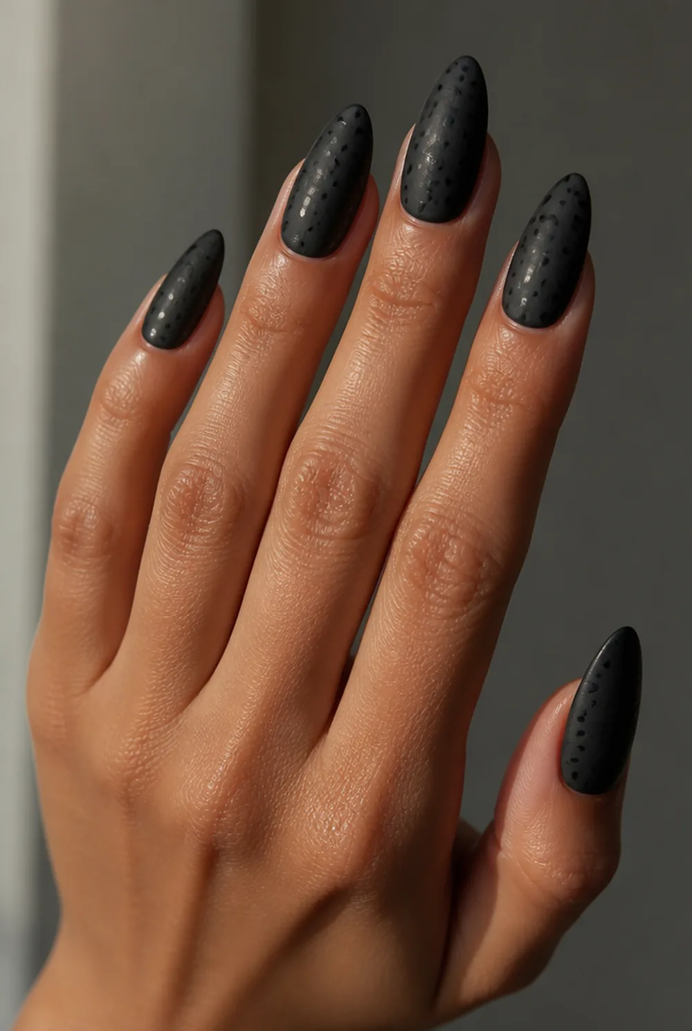 dots over matte nail art on olive skin, long length