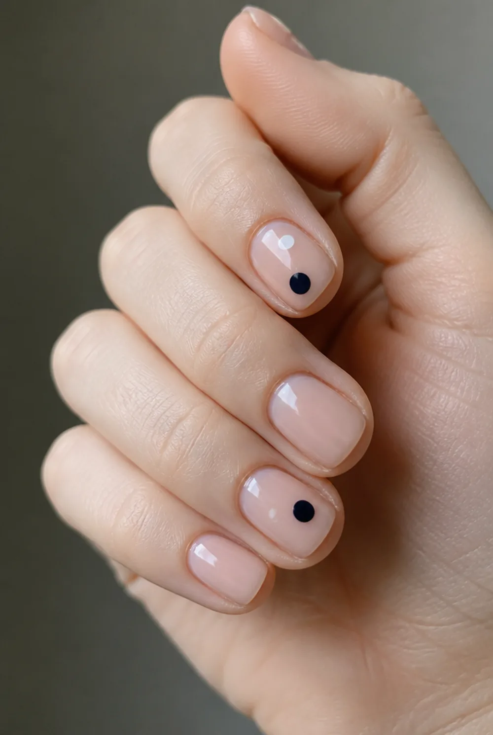 two-dot cluster nail art on fair skin, short length