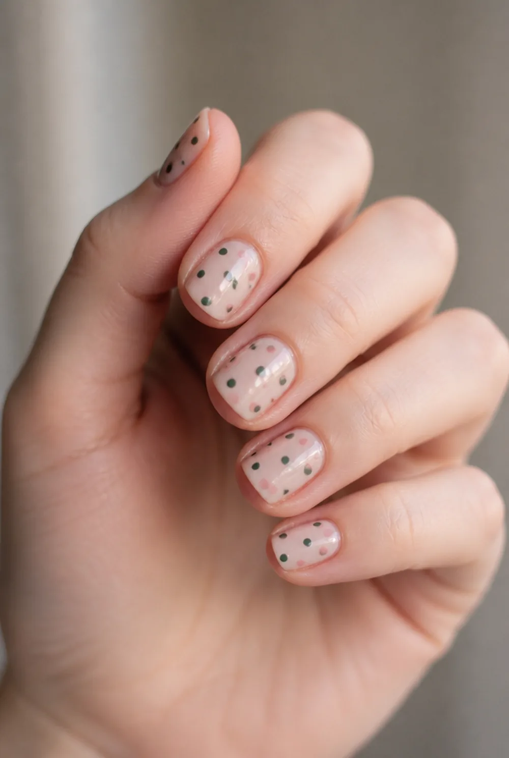two-colour dots nail art on fair skin, short length