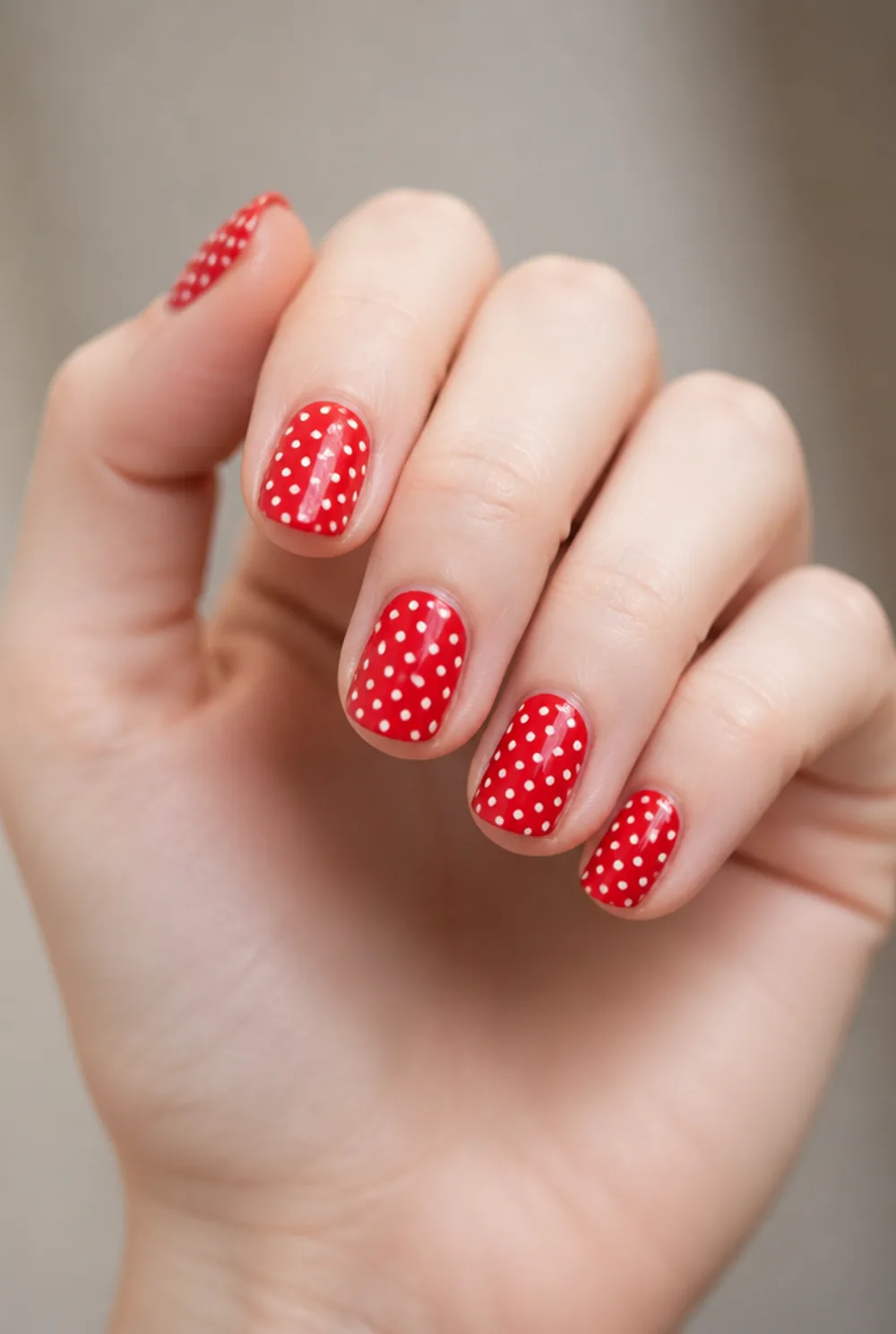 white on red nail art on fair skin, short length