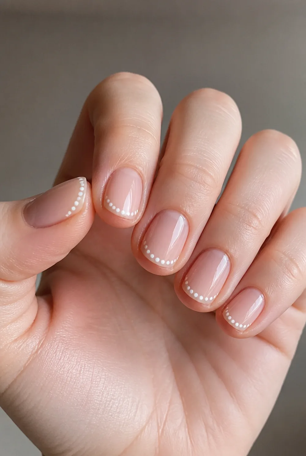 dotted french tip nail art on fair skin, short length