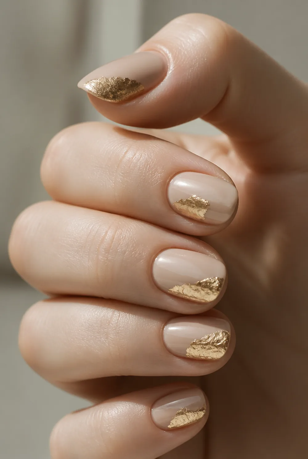 gold foil accent nail art on fair skin short length - PolishedAndPrettyNails.com gold foil accent nail art on fair skin, short length
