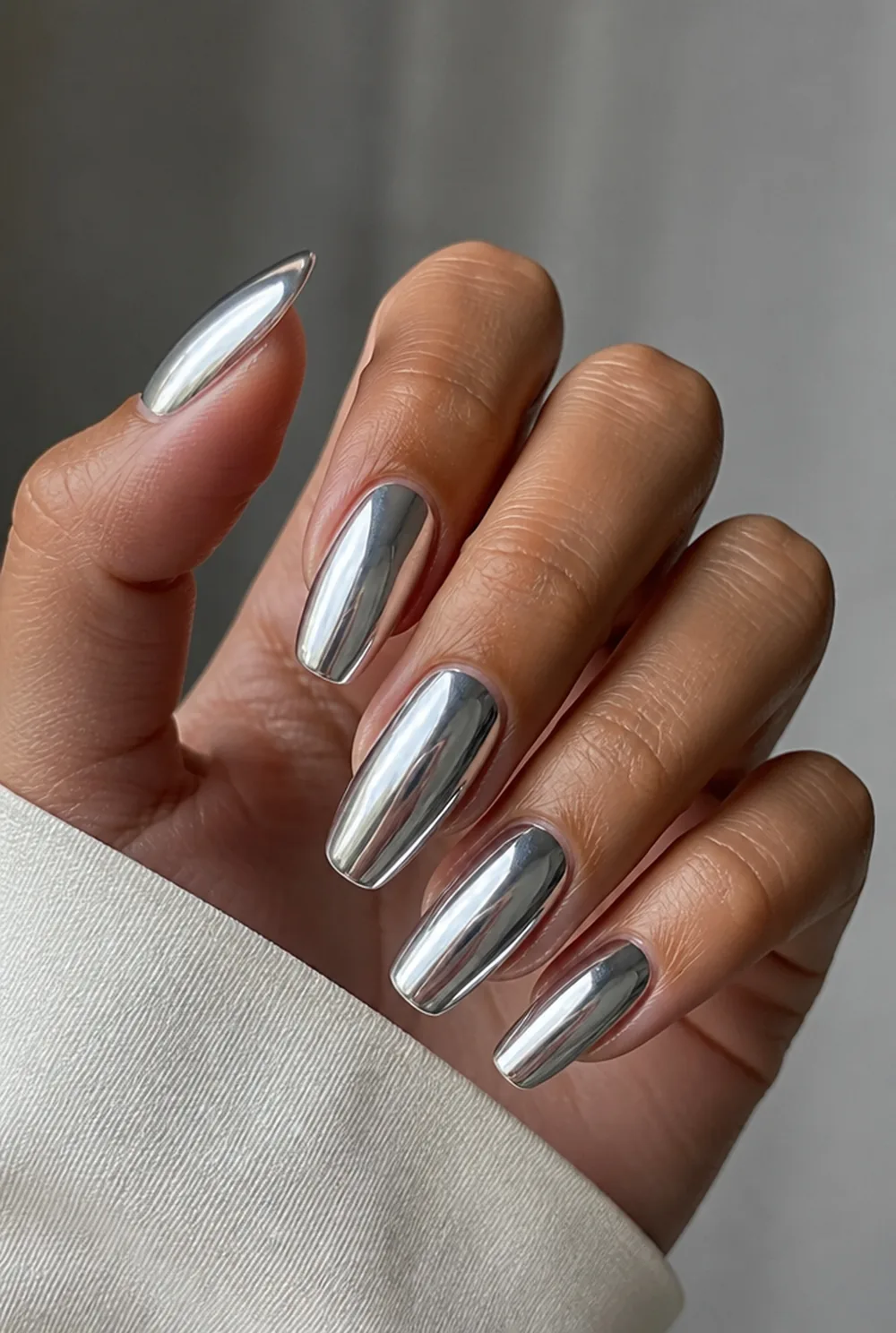 chrome mirror nail art on olive skin long length - PolishedAndPrettyNails.com chrome mirror nail art on olive skin, long length
