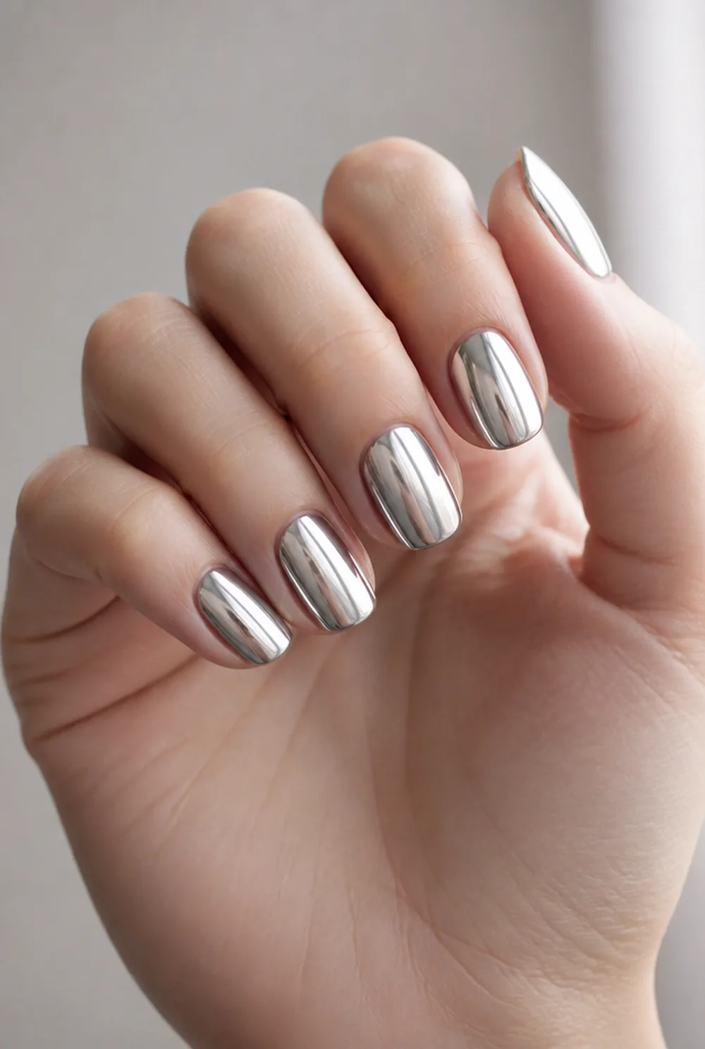 chrome mirror nail art on fair skin short length - PolishedAndPrettyNails.com chrome mirror nail art on fair skin, short length