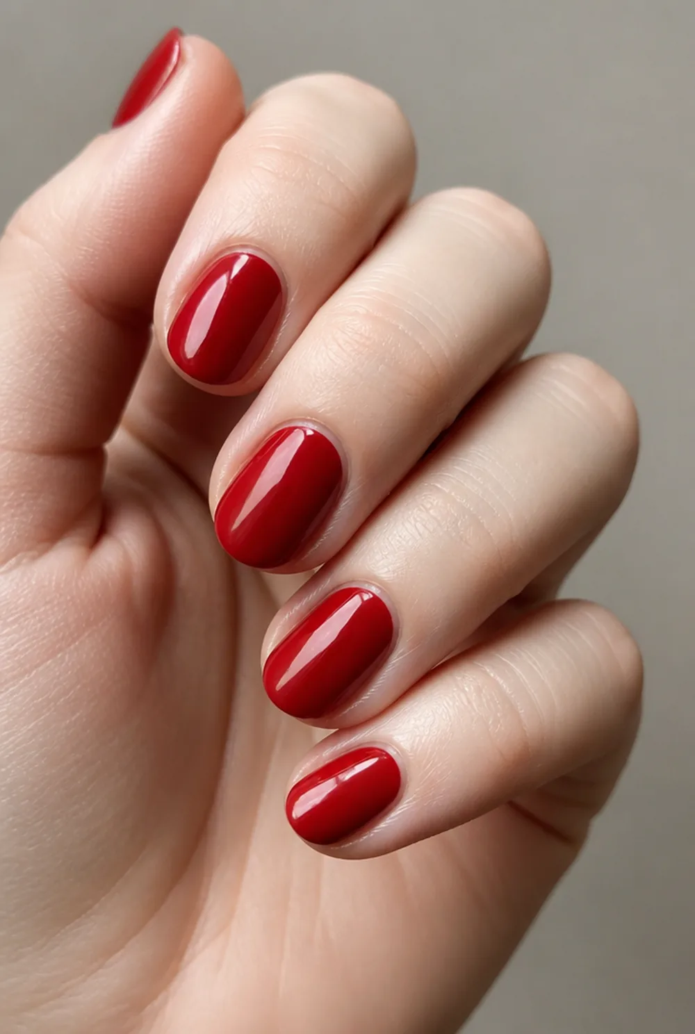 cranberry creme nail art on fair skin, short length