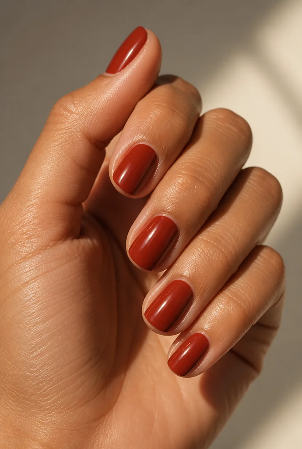 brick red warm nail art on olive skin, long length