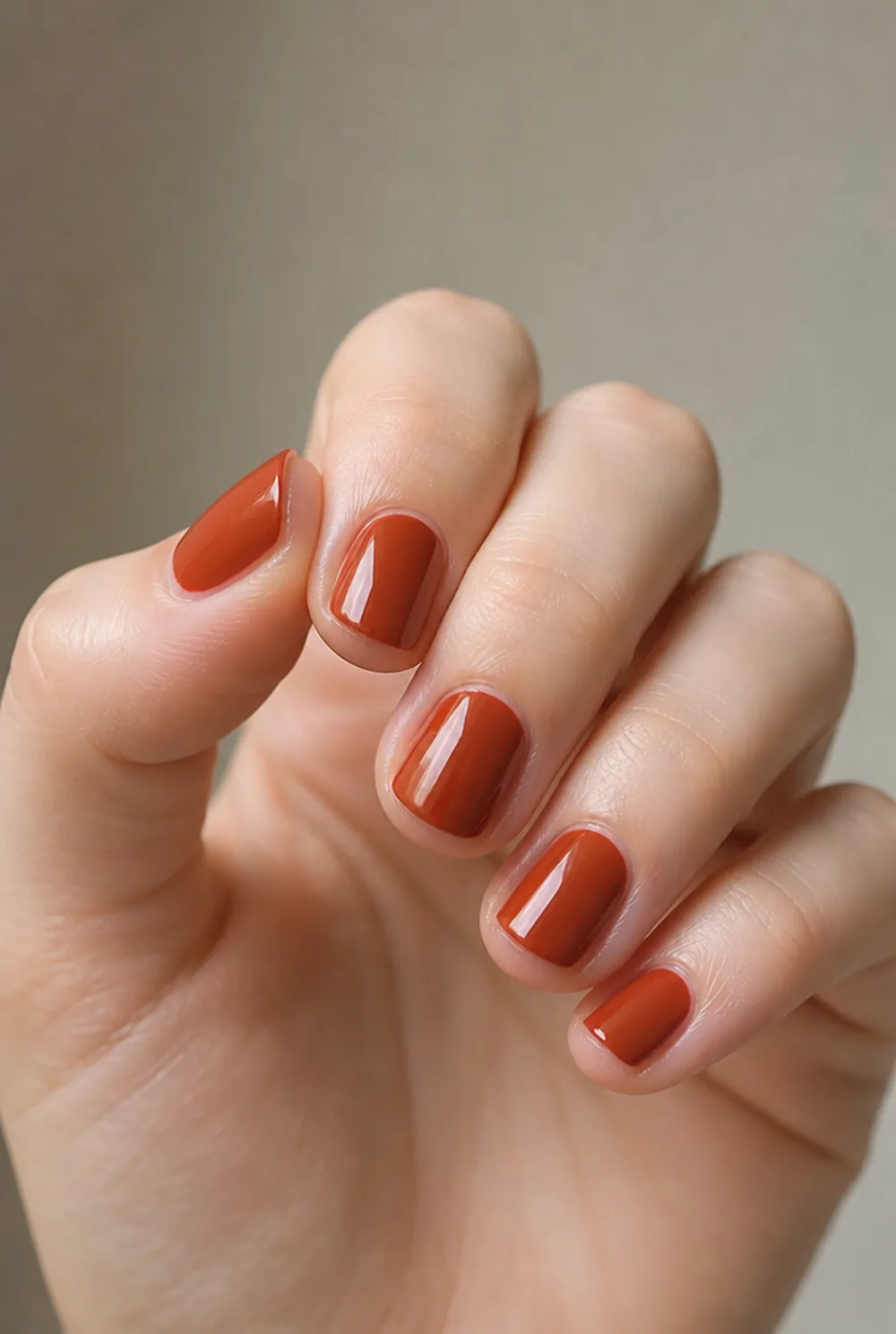 brick red warm nail art on fair skin, short length