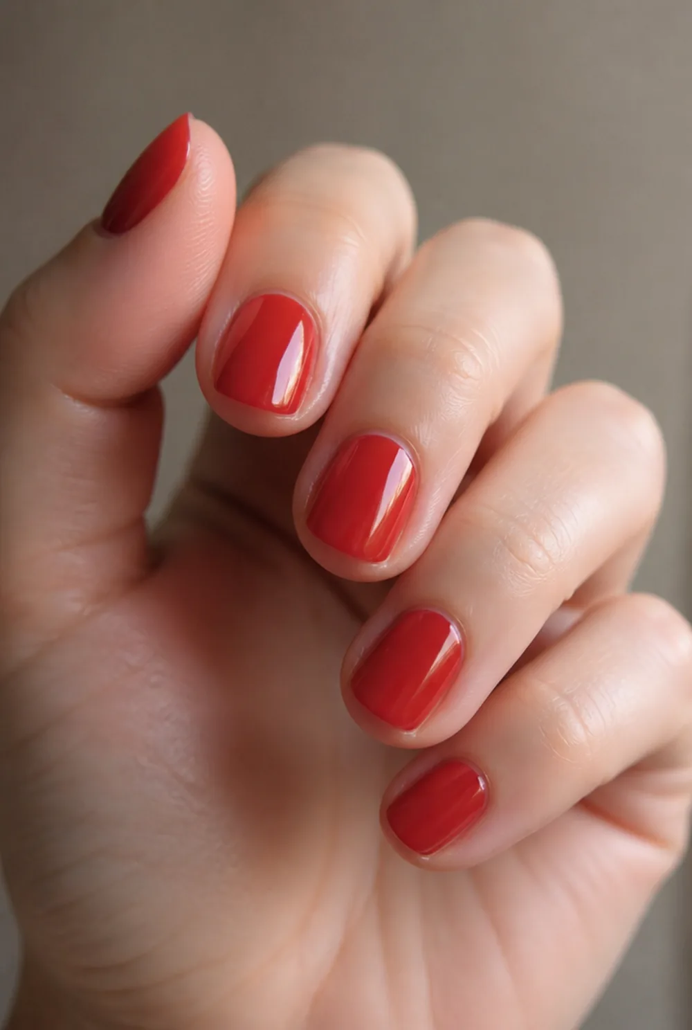 sheer red jelly nail art on fair skin, short length