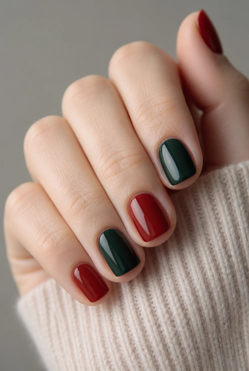 red and green alternating nail art on fair skin, short length