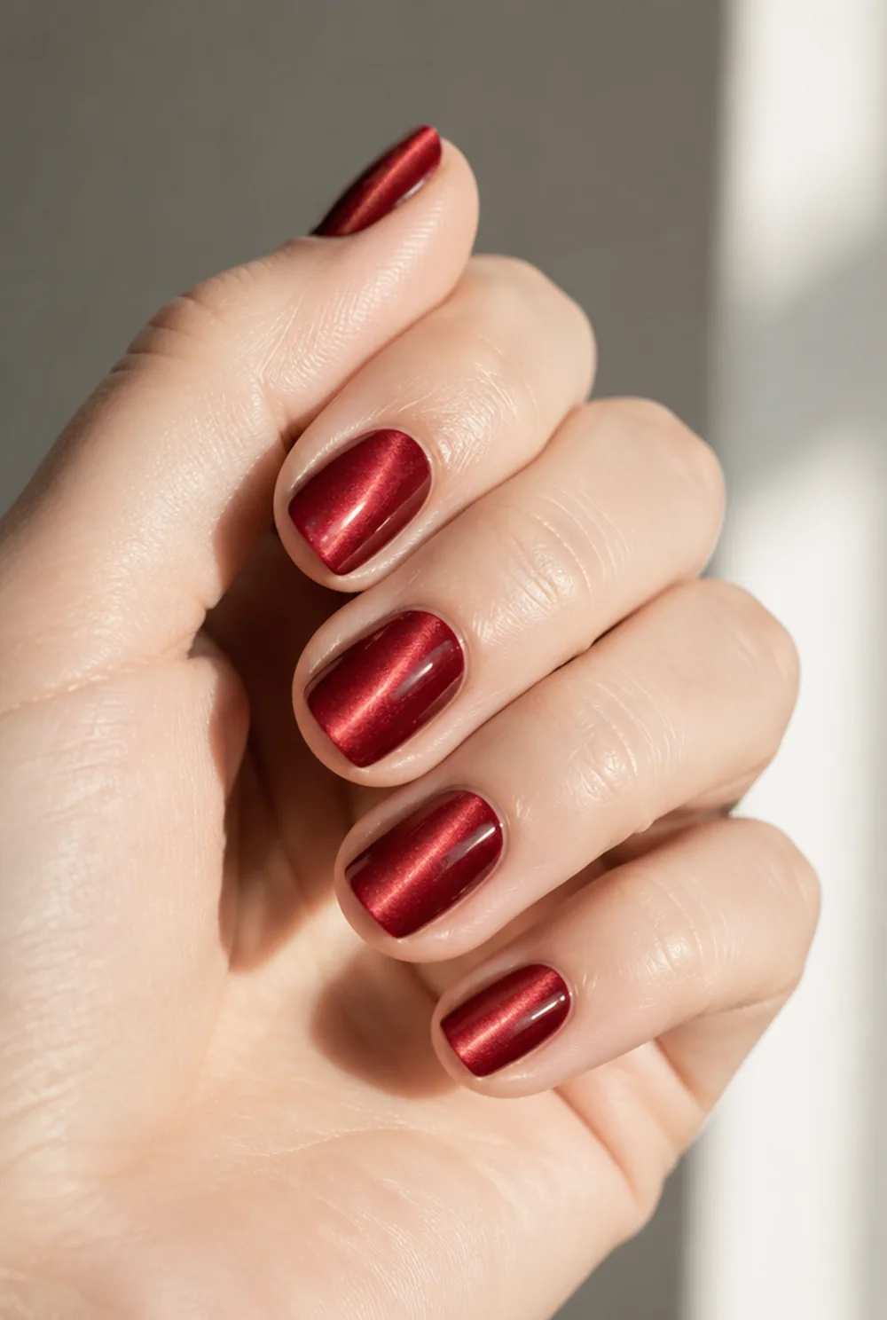 red cat eye nail art on fair skin, short length