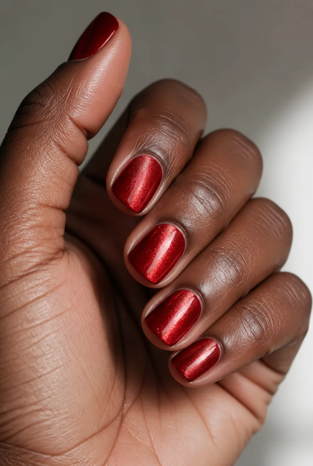 red cat eye nail art on deep brown skin