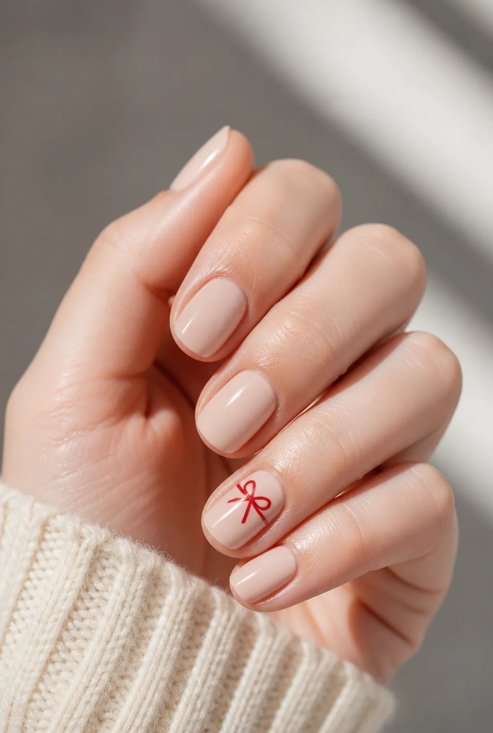 bow accent nail art on fair skin, short length