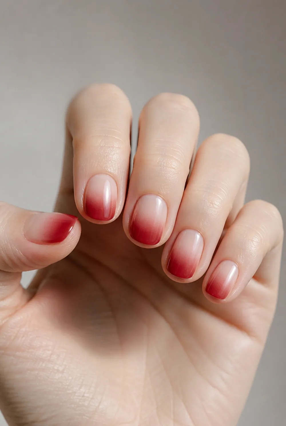 red ombre fade nail art on fair skin, short length
