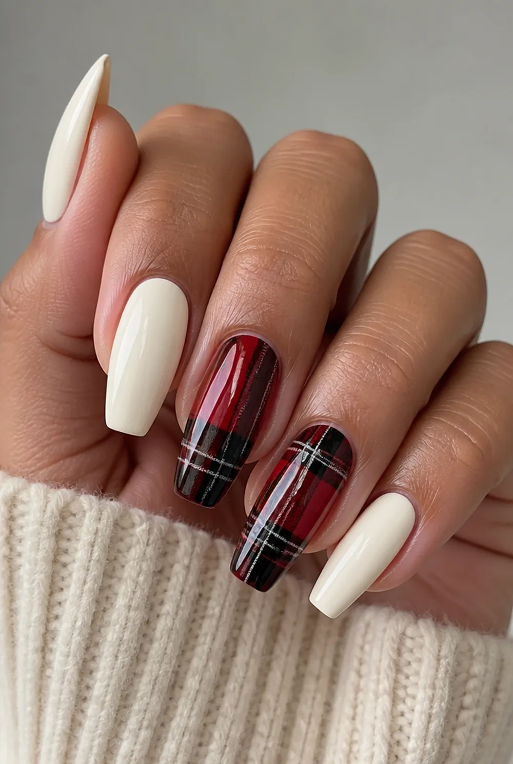 plaid tips nail art on olive skin, long length