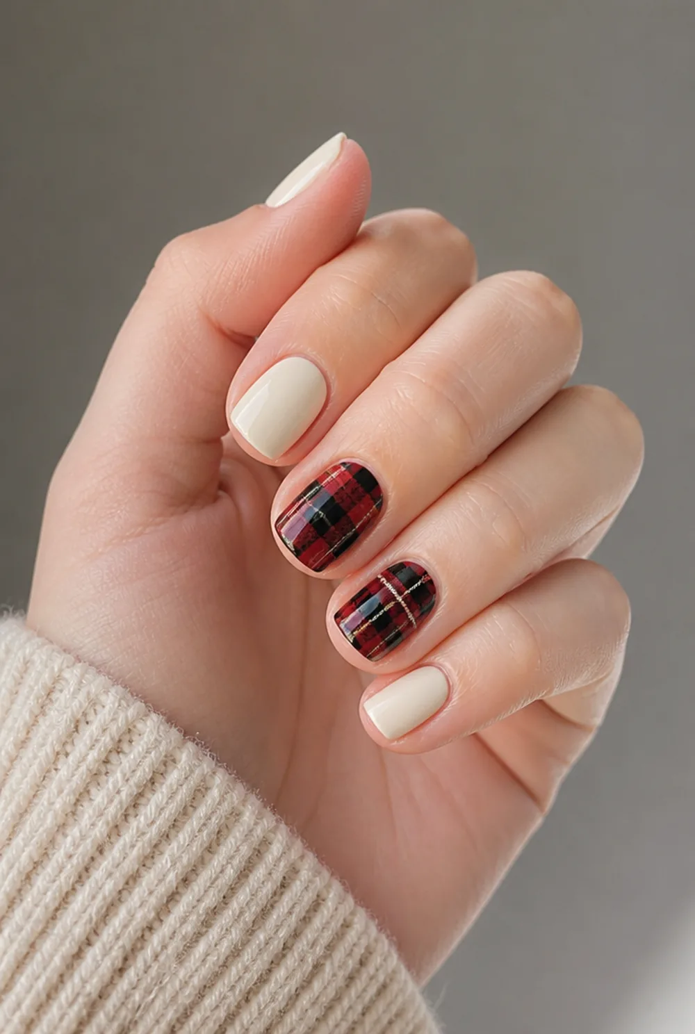 plaid tips nail art on fair skin, short length