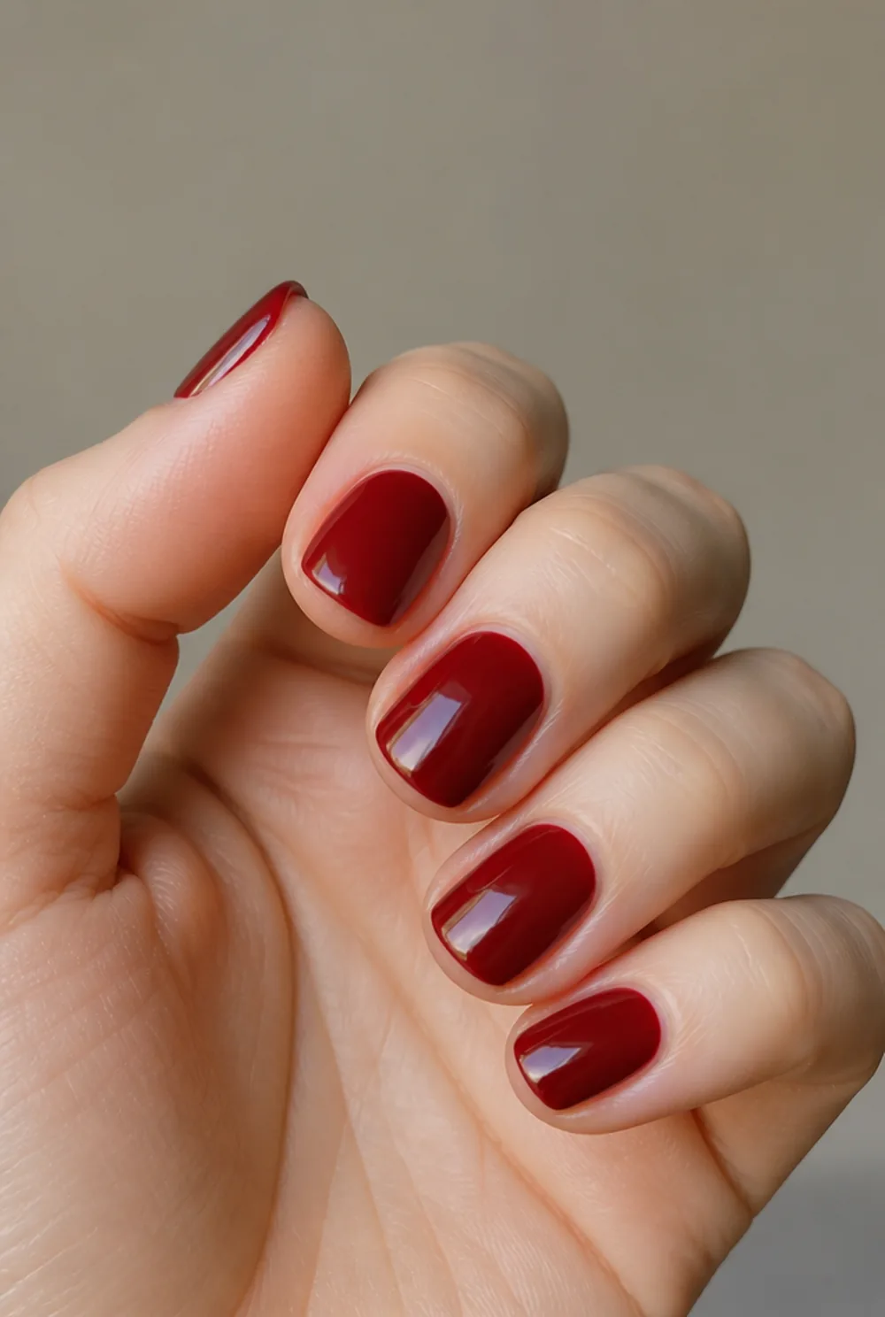 blackened cherry nail art on fair skin, short length