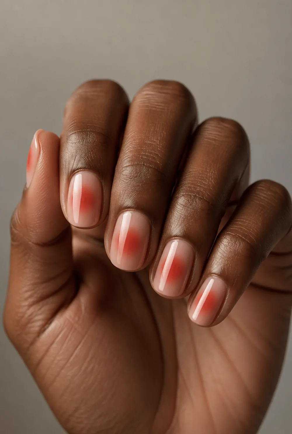 red aura nail art on deep brown skin