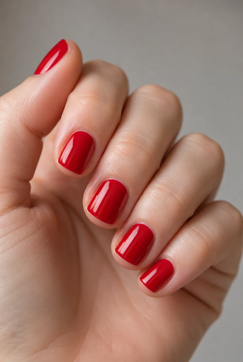 short red squoval nail art on fair skin, short length