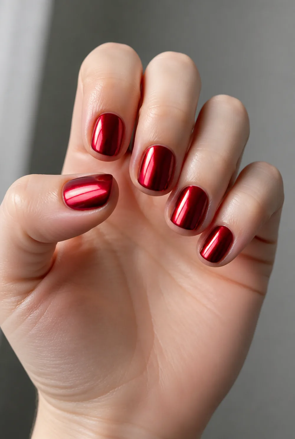 red chrome mirror nail art on fair skin, short length