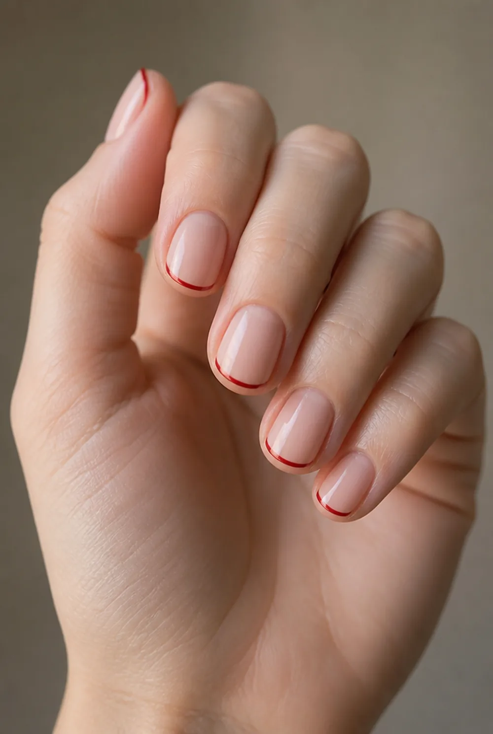 red french tip nail art on fair skin, short length