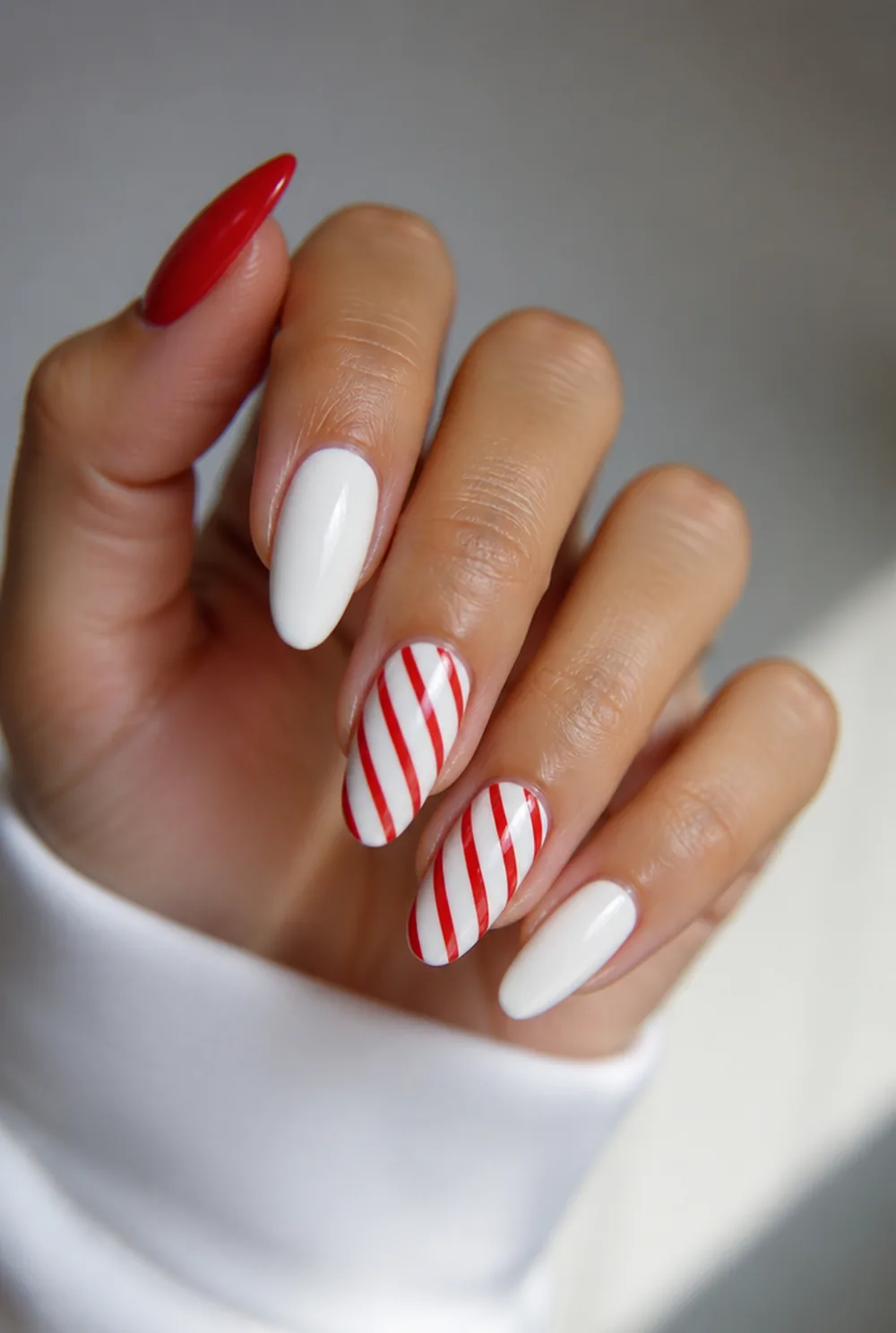 candy cane stripes nail art on olive skin, long length