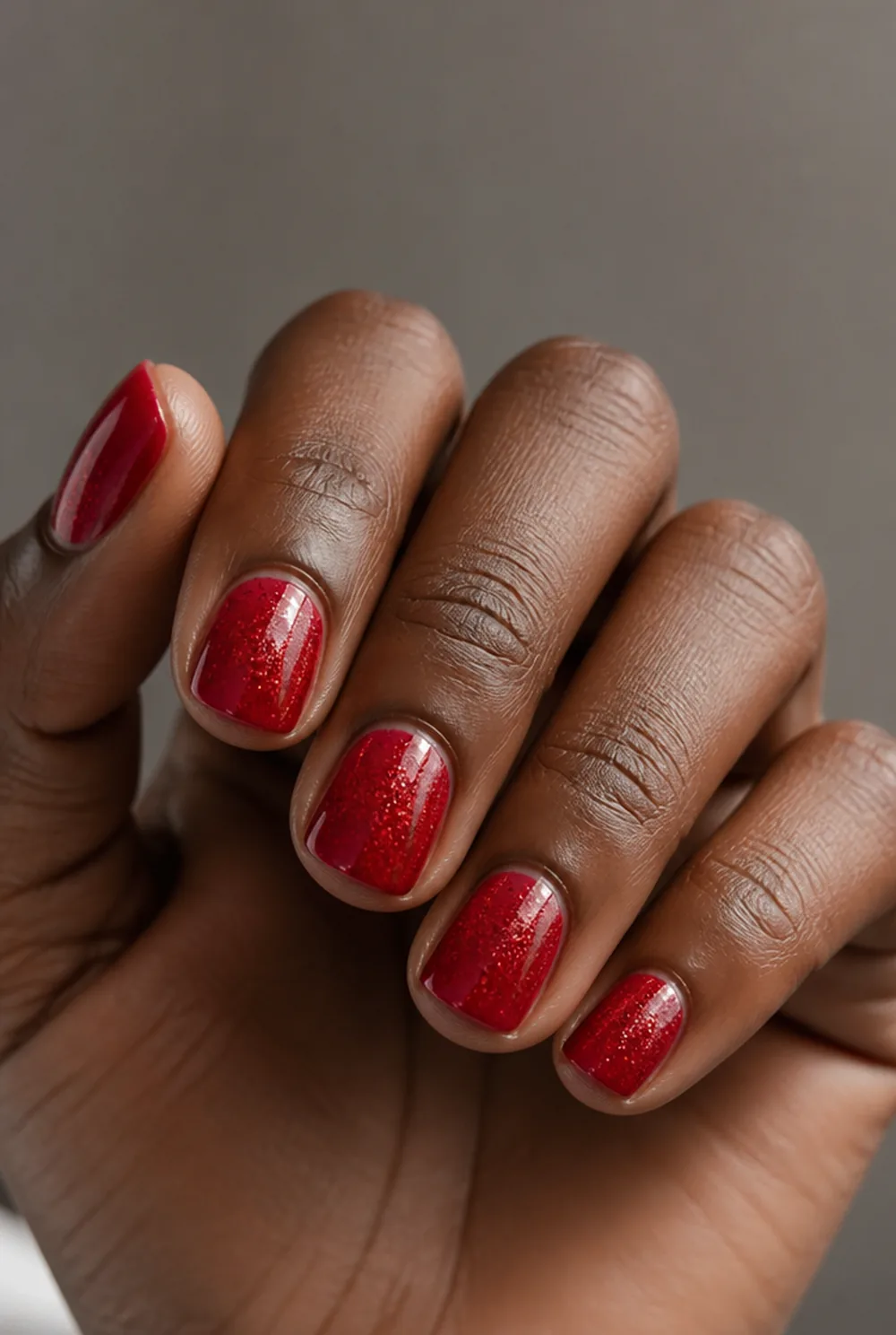 red glitter ombre nail art on deep brown skin